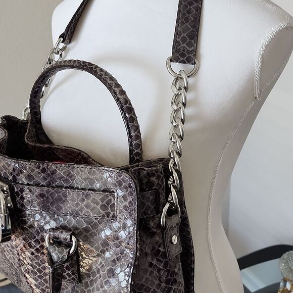 MICHAEL KORS Hamilton Dark Grey Python Snakeskin Prints Small Satchel Bag - Picture 4 of 16